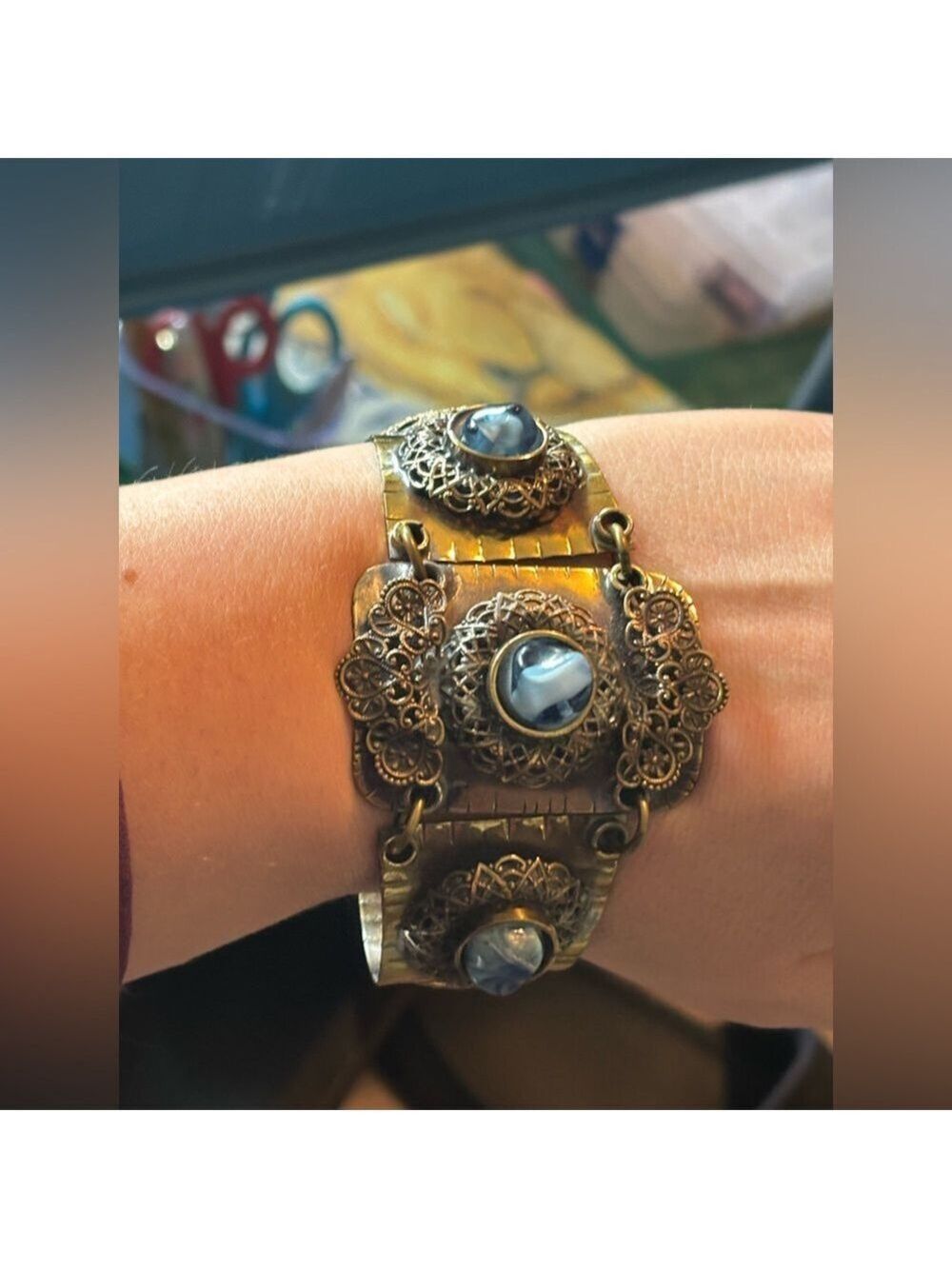 c.1930’s Art Deco Brass Filigree + Hand-Marbled Czech Glass Bracelet • Rare - Picture 6 of 16